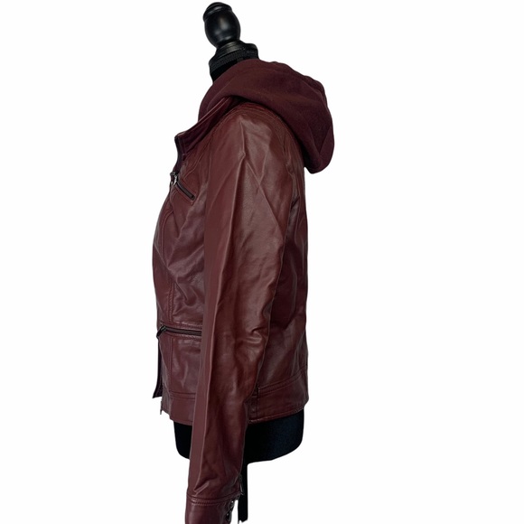 FAUX LEATHER JACKET,BURGUNDY HOODED DOUBLE ZIPPER BIKERCORE STYLE - Picture 3 of 4